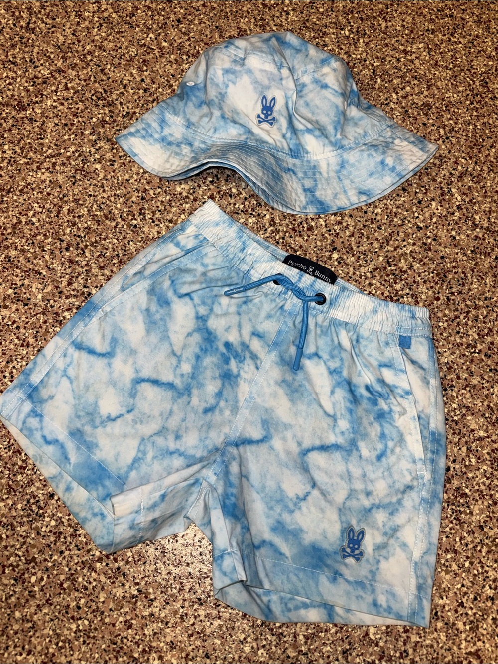 Psycho Bunny boys shorts Blue Tie-Dye Swim Trunks and Bucket Hat 4 years